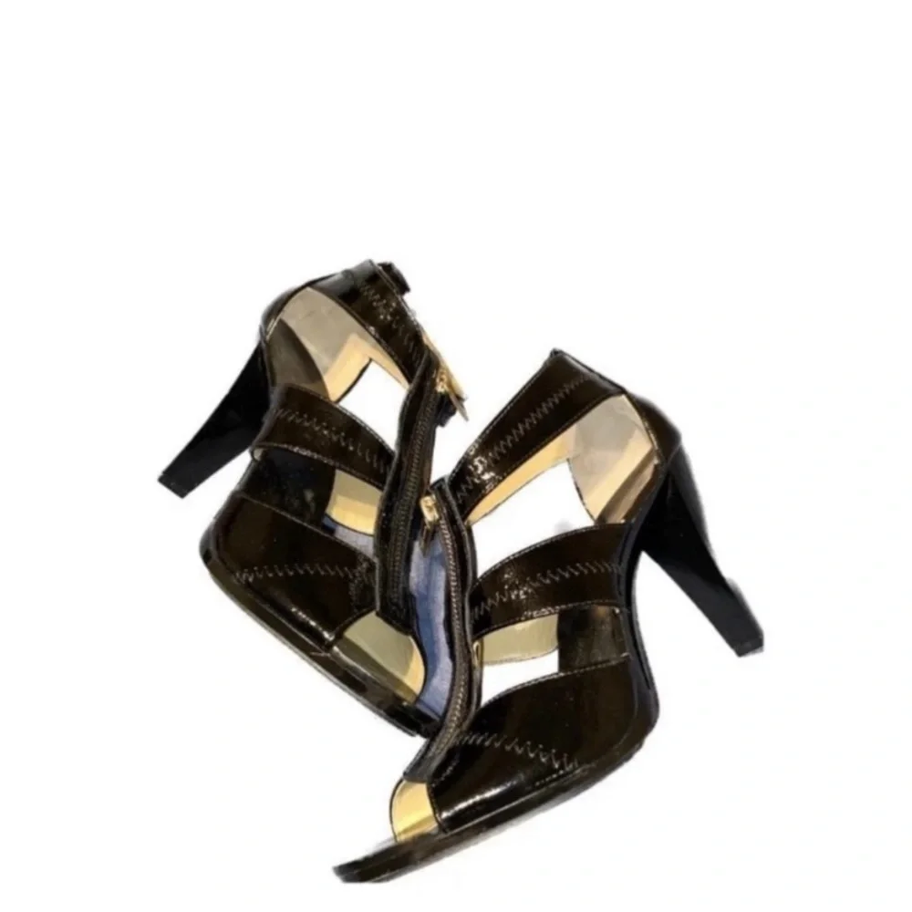 Michael Kors Black Patent Leather Zip Front Heeled Sandal
